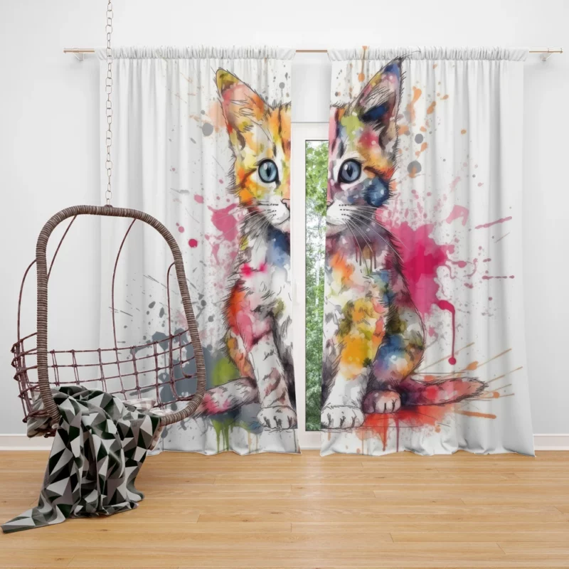 Colorful Watercolor Cat Painting Window Curtain