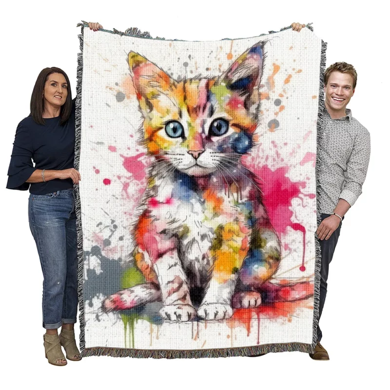 Colorful Watercolor Cat Painting Woven Blanket