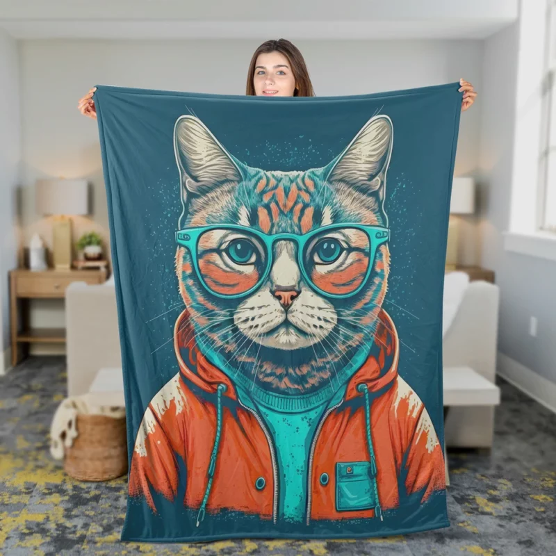 Cool Pop Art Cat Portrait Fleece Blanket 2