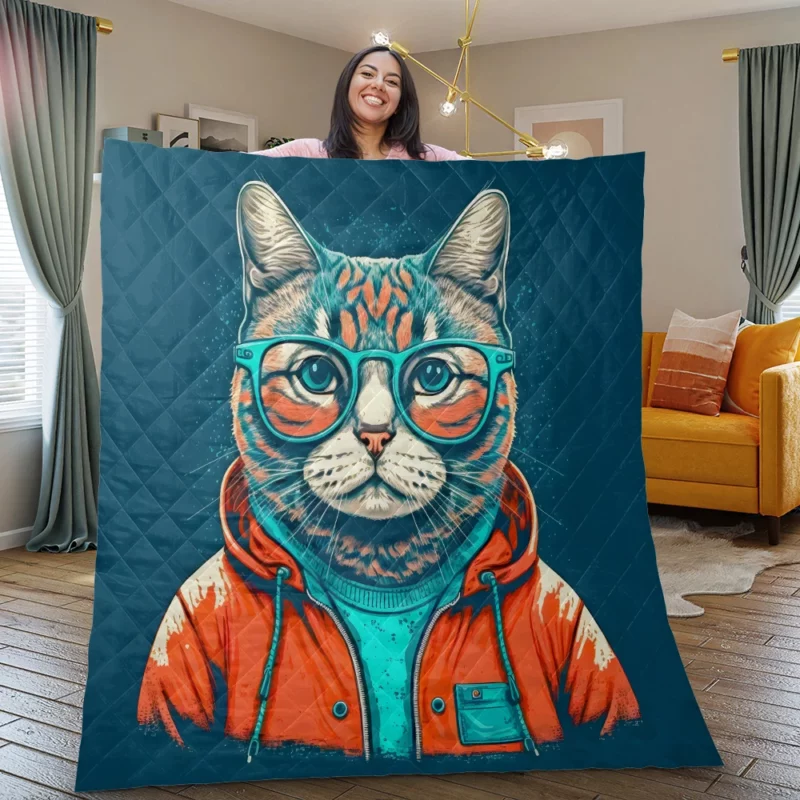 Cool Pop Art Cat Portrait Quilt Blanket