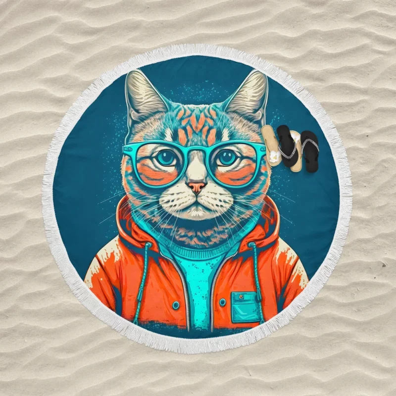 Cool Pop Art Cat Portrait Round Beach Towel