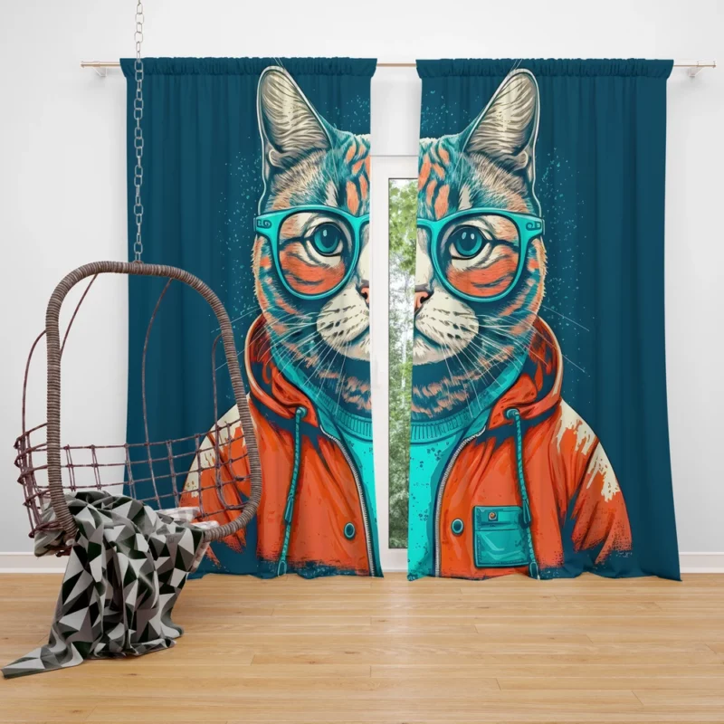 Cool Pop Art Cat Portrait Window Curtain