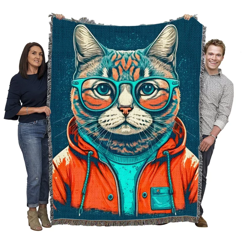 Cool Pop Art Cat Portrait Woven Blanket