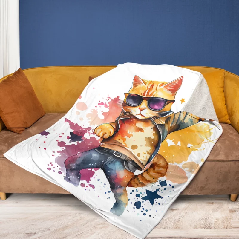 Cool Watercolor Superstar Cat Fleece Blanket 1