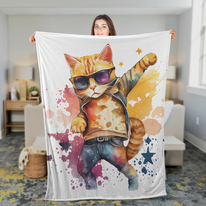 Cool Watercolor Superstar Cat Fleece Blanket 2