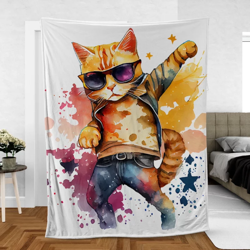 Cool Watercolor Superstar Cat Fleece Blanket