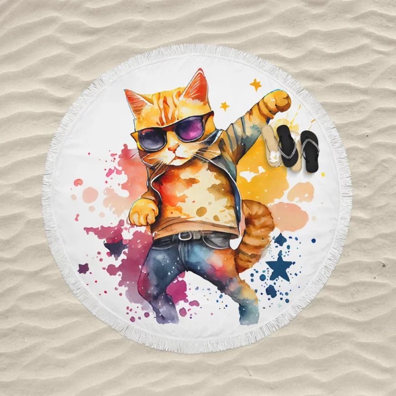 Cool Watercolor Superstar Cat Round Beach Towel