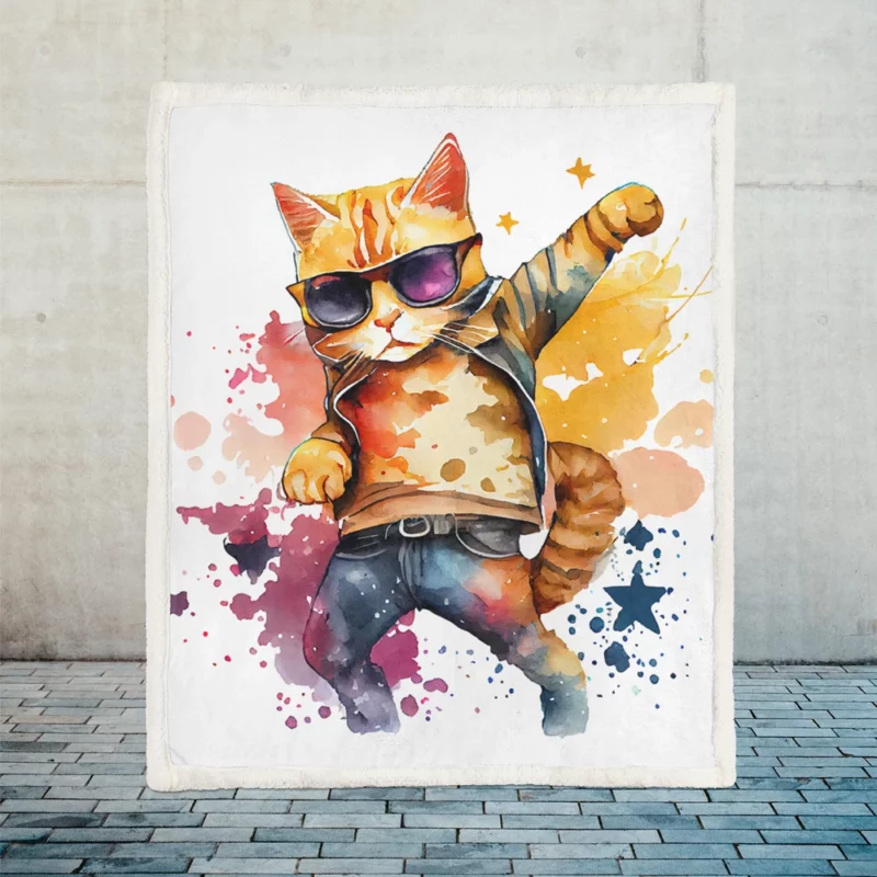 Cool Watercolor Superstar Cat Sherpa Fleece Blanket