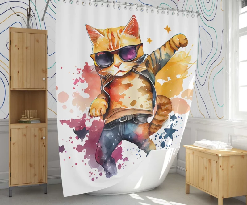 Cool Watercolor Superstar Cat Shower Curtain 1