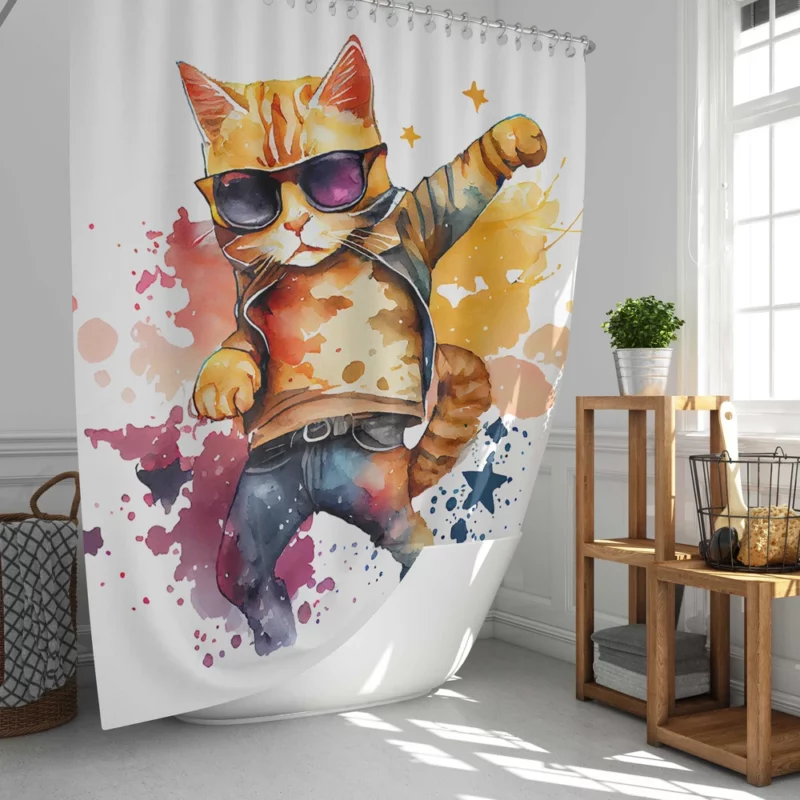 Cool Watercolor Superstar Cat Shower Curtain