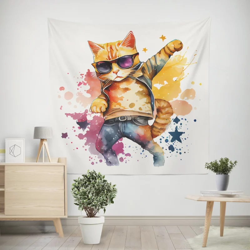 Cool Watercolor Superstar Cat Wall Tapestry