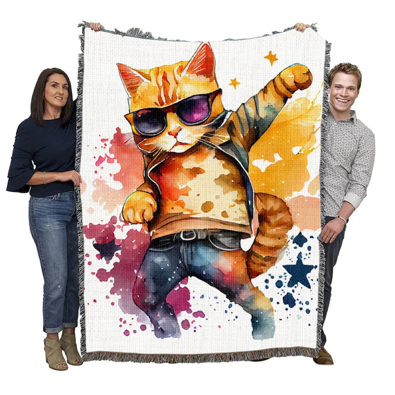 Cool Watercolor Superstar Cat Woven Blanket