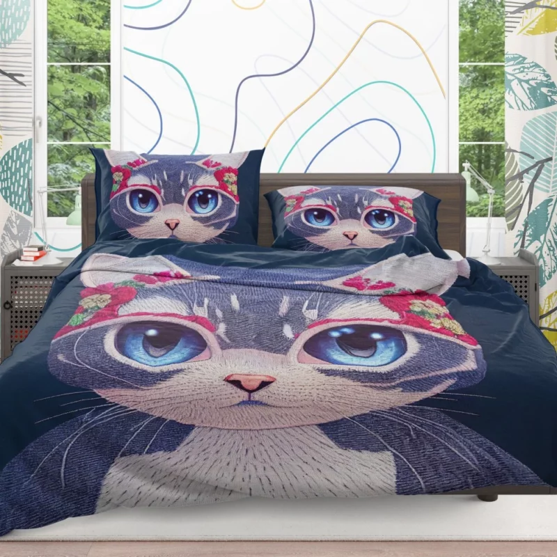 Cute Cartoon Kitty Embroidery Bedding Set