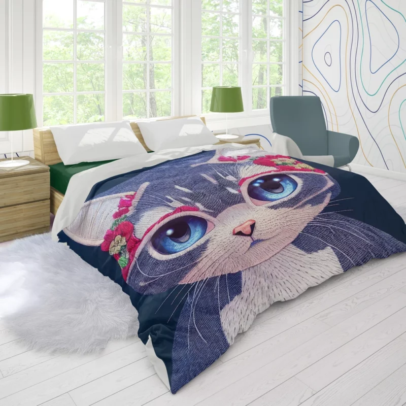 Cute Cartoon Kitty Embroidery Duvet Cover