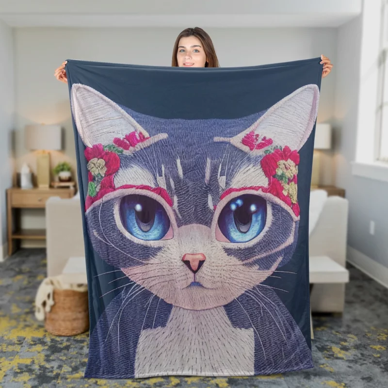 Cute Cartoon Kitty Embroidery Fleece Blanket 2