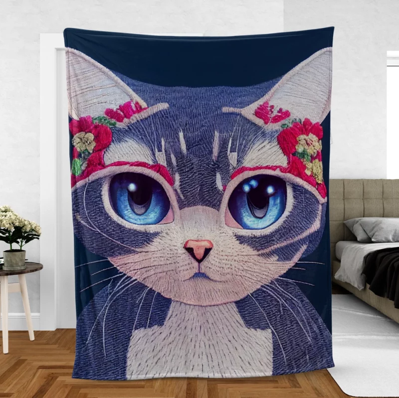 Cute Cartoon Kitty Embroidery Fleece Blanket