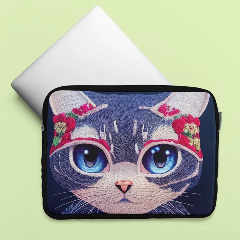 Cute Cartoon Kitty Embroidery Laptop Sleeve