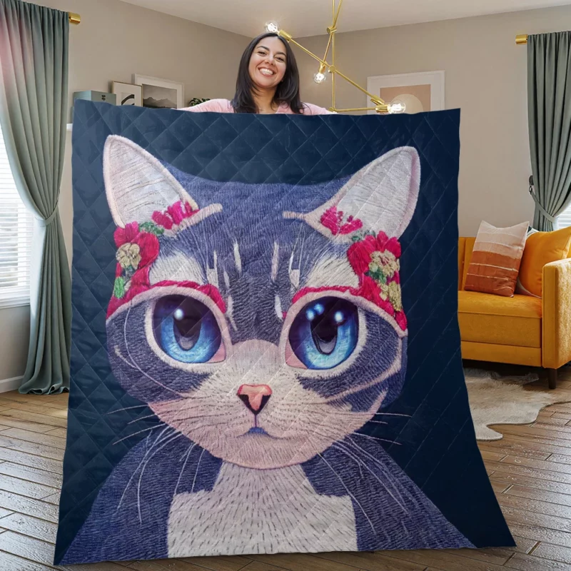 Cute Cartoon Kitty Embroidery Quilt Blanket