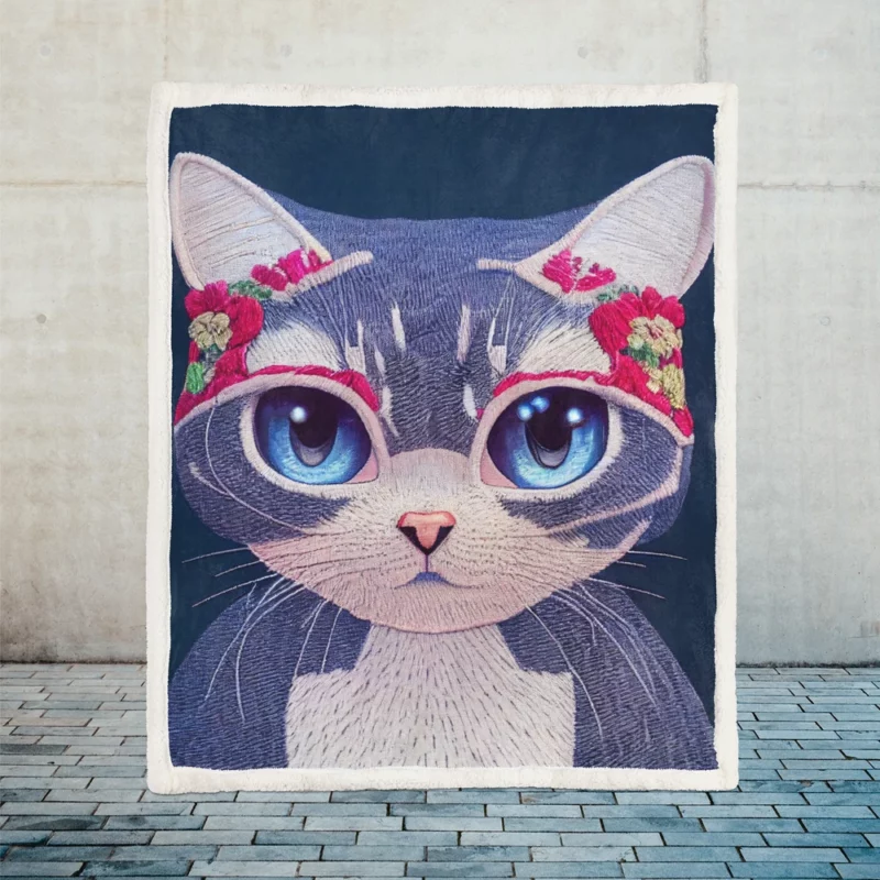 Cute Cartoon Kitty Embroidery Sherpa Fleece Blanket