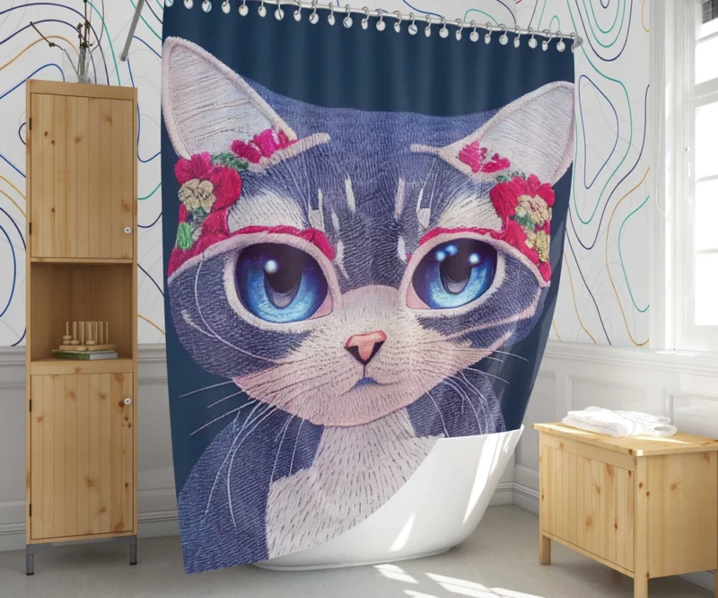 Cute Cartoon Kitty Embroidery Shower Curtain 1