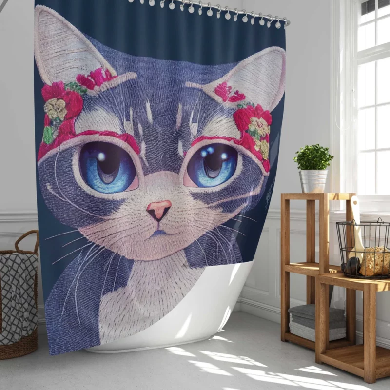 Cute Cartoon Kitty Embroidery Shower Curtain