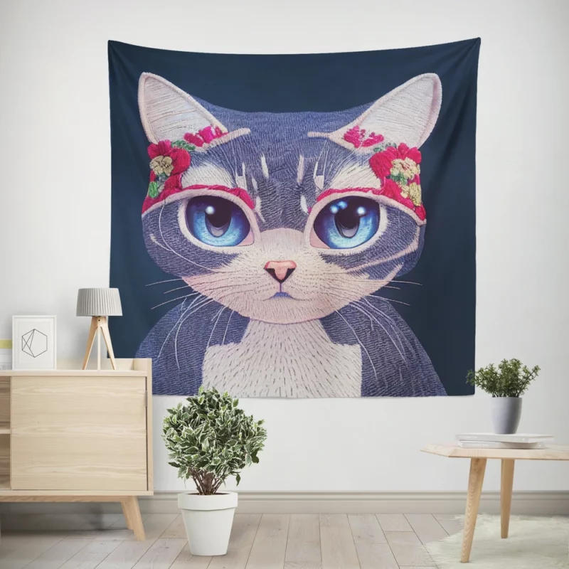 Cute Cartoon Kitty Embroidery Wall Tapestry