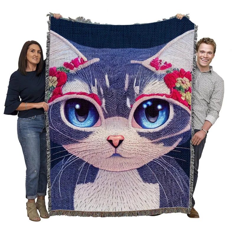 Cute Cartoon Kitty Embroidery Woven Blanket