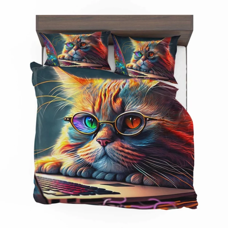 Cute Cat with Glasses and Laptop Bedding Set 2