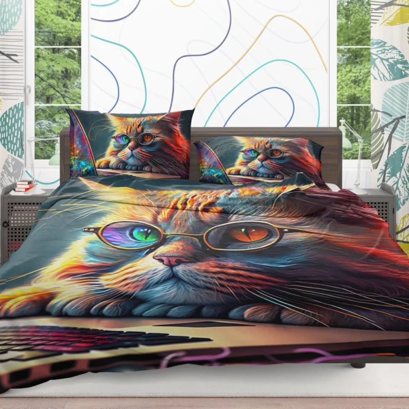 Cute Cat with Glasses and Laptop Bedding Set