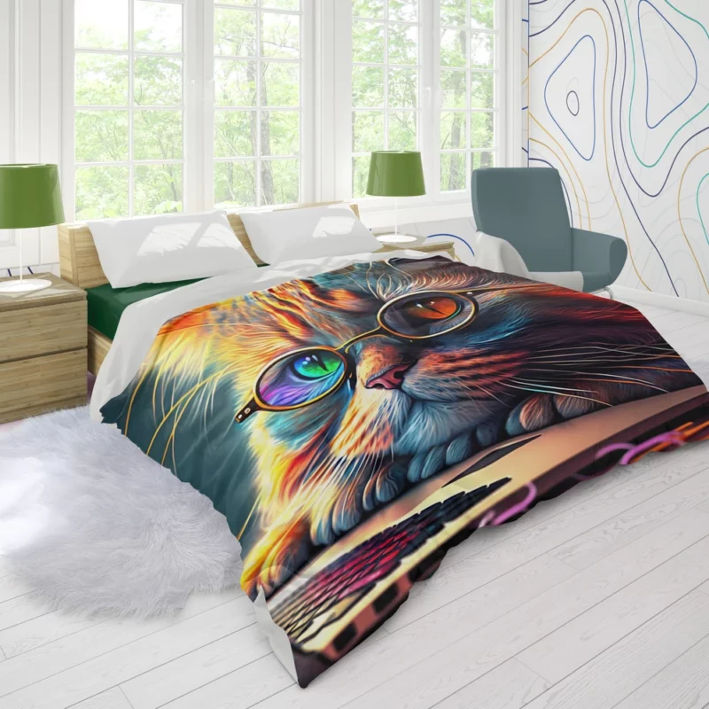 Cute Cat with Glasses and Laptop Duvet Cover