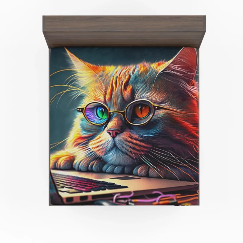 Cute Cat with Glasses and Laptop Fitted Sheet