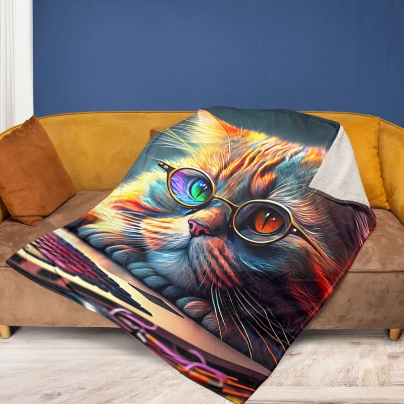 Cute Cat with Glasses and Laptop Fleece Blanket 1