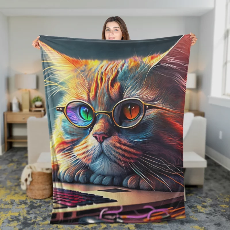 Cute Cat with Glasses and Laptop Fleece Blanket 2