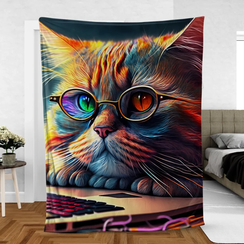 Cute Cat with Glasses and Laptop Fleece Blanket