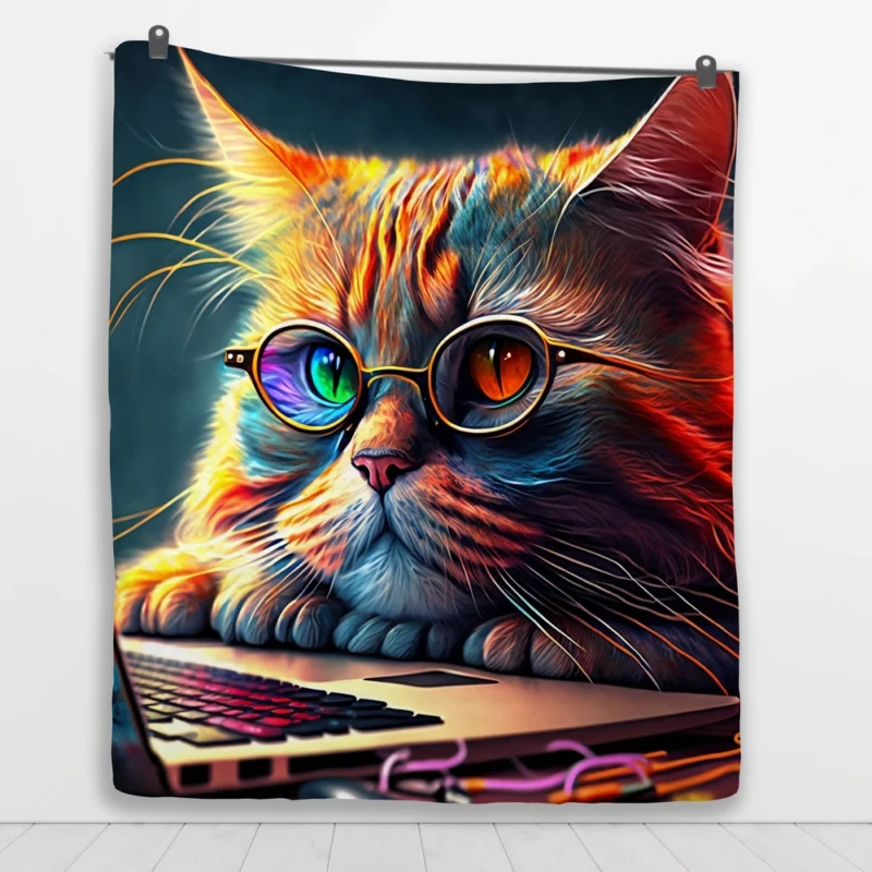 Cute Cat with Glasses and Laptop Quilt Blanket 1