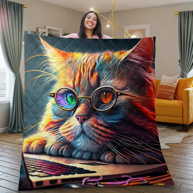 Cute Cat with Glasses and Laptop Quilt Blanket