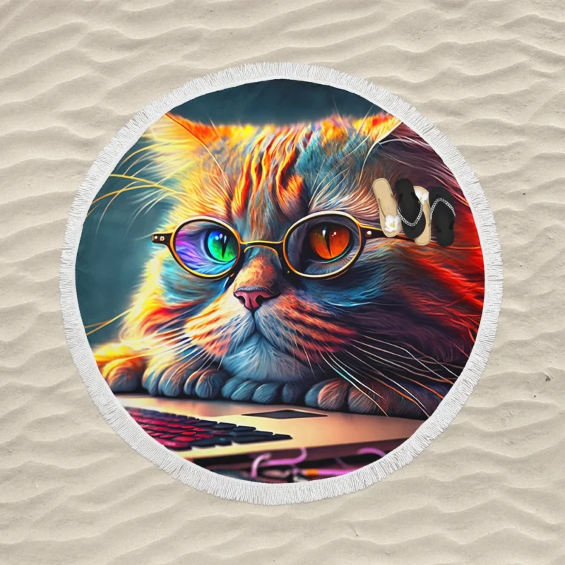 Cute Cat with Glasses and Laptop Round Beach Towel