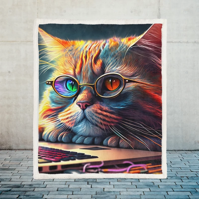 Cute Cat with Glasses and Laptop Sherpa Fleece Blanket