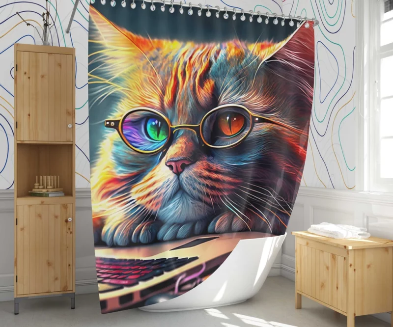 Cute Cat with Glasses and Laptop Shower Curtain 1