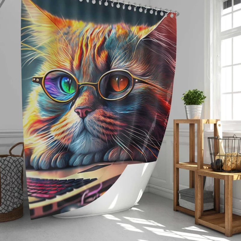 Cute Cat with Glasses and Laptop Shower Curtain