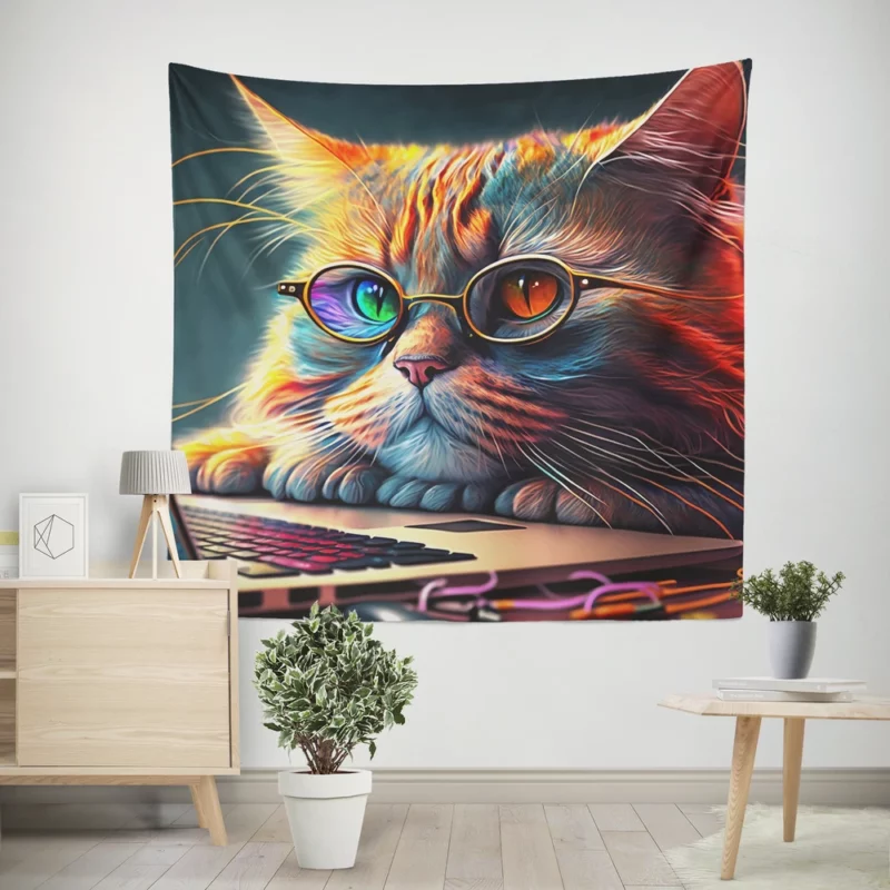 Cute Cat with Glasses and Laptop Wall Tapestry