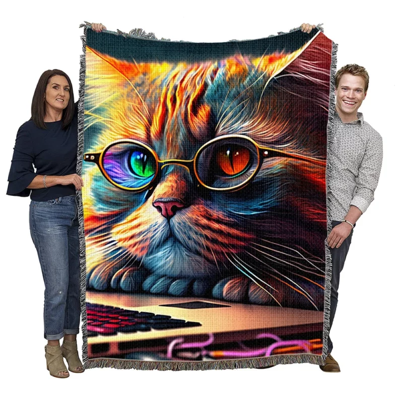 Cute Cat with Glasses and Laptop Woven Blanket