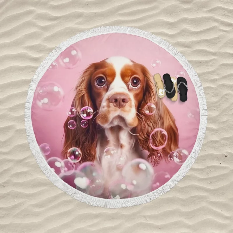 Cute Dog Grooming Portrait Statue Round Beach Towel