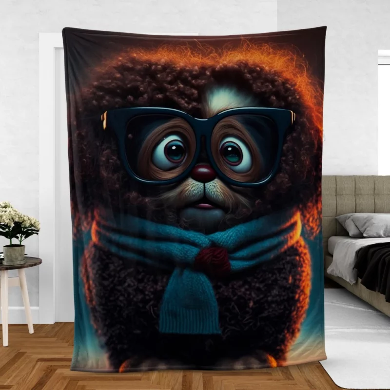 Cute Fluffy Puppy with Glasses and Scarf Print Fleece Blanket