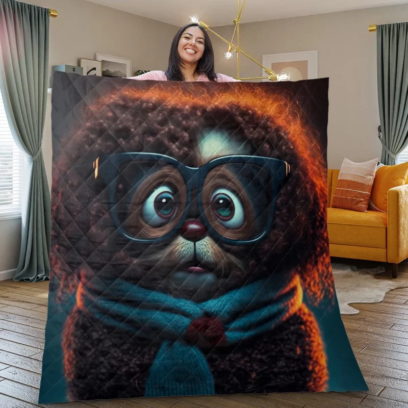 Cute Fluffy Puppy with Glasses and Scarf Print Quilt Blanket