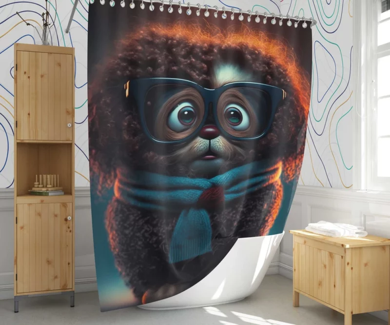 Cute Fluffy Puppy with Glasses and Scarf Print Shower Curtain 1