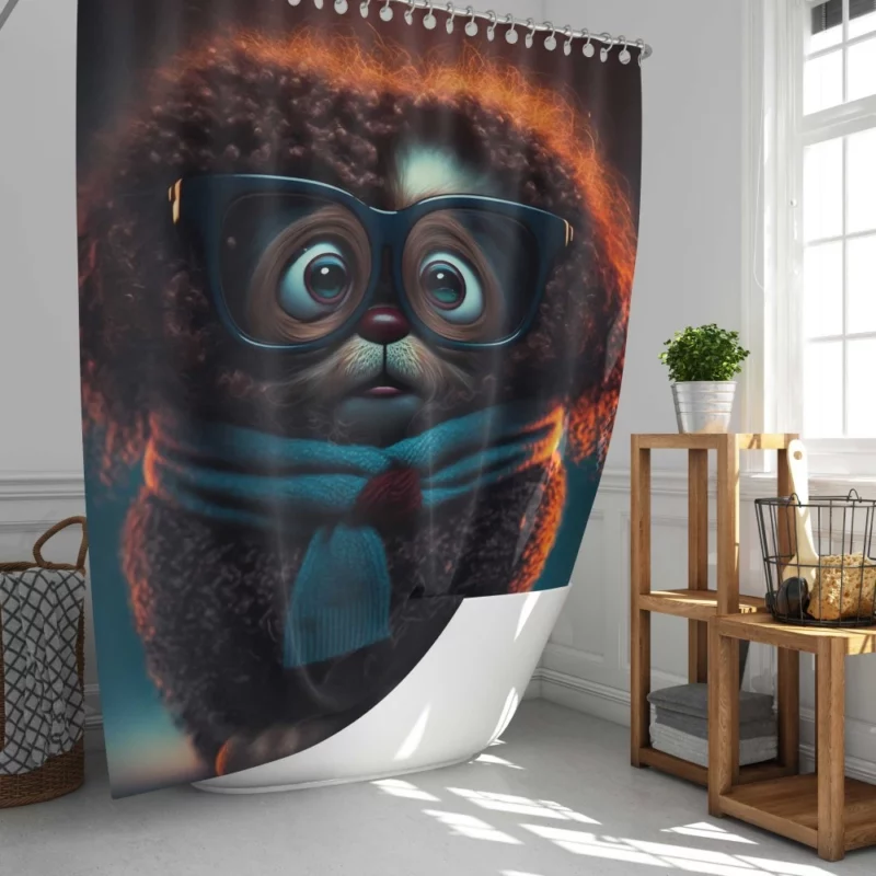 Cute Fluffy Puppy with Glasses and Scarf Print Shower Curtain