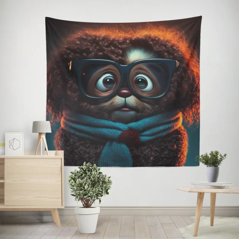 Cute Fluffy Puppy with Glasses and Scarf Print Wall Tapestry