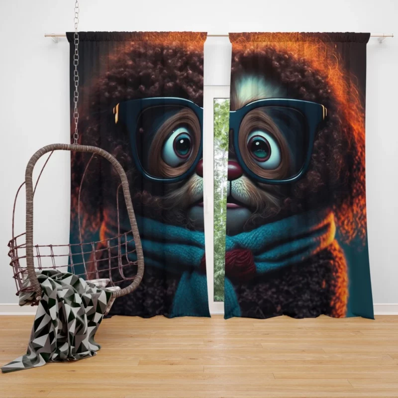 Cute Fluffy Puppy with Glasses and Scarf Print Window Curtain