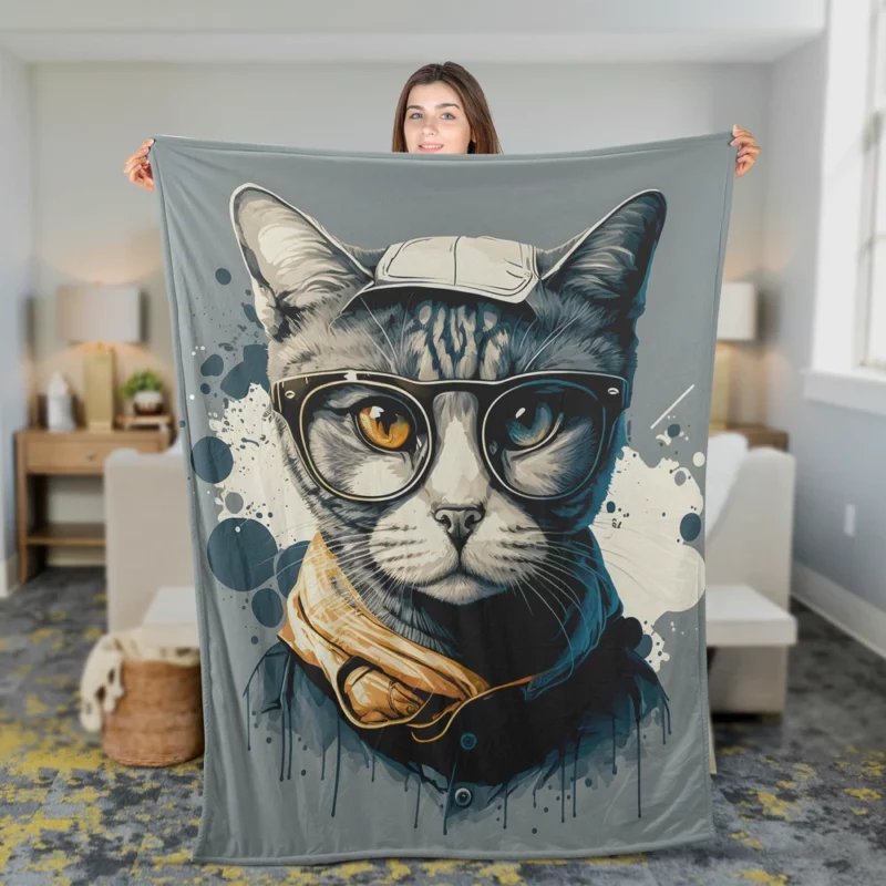 Cute Hand-Drawn Pop Art Cat Fleece Blanket 2